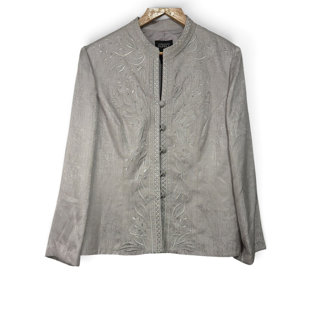 Adrianna Papell Silver Silk Embroidered Beaded Evening Jacket Size 14 Formal